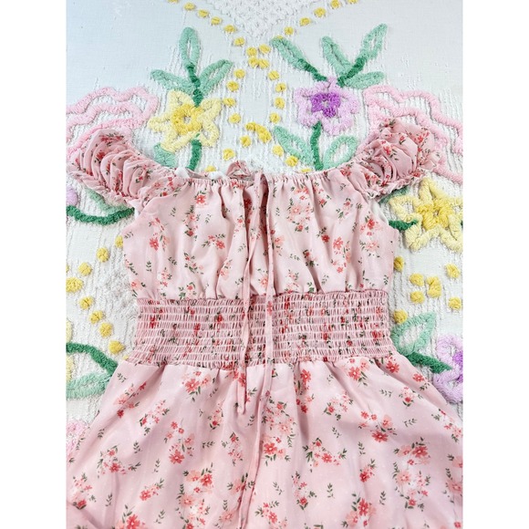 Shein Floral Tiered Midi Dress Off Shoulder Smocked Waist Short Sleeve‎ Pink M - Picture 7 of 12